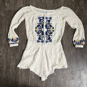 Lovers + Friends Embroidered Romper Off Shoulder Bohemian Blue Yellow Cream S